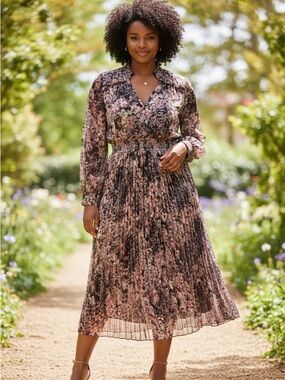 Ricki’s Elegant Floral Pink Purple V-Neck Semi-Sheer Sleeve Pleated Skirt Dress